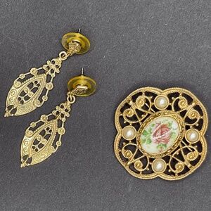 Vintage Art Deco Earrings and Rose Cameo Brooch
